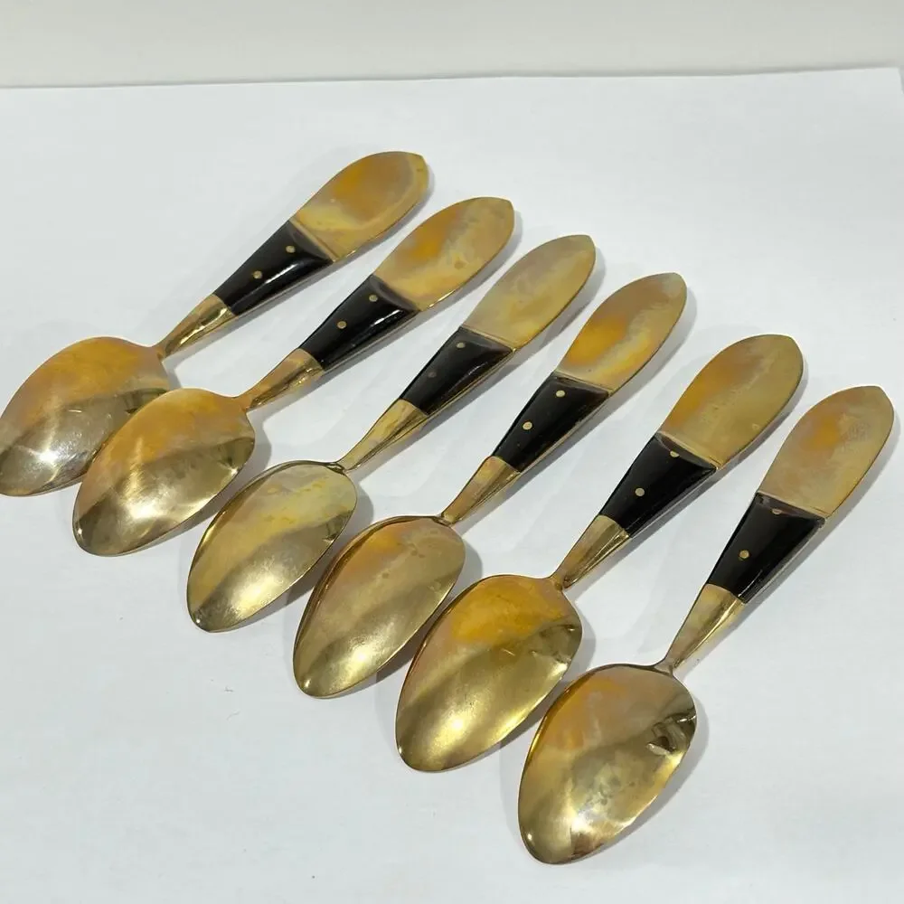 Thailand brass & teak spoons set cocktail espresso tea demitasse boxed set of 6